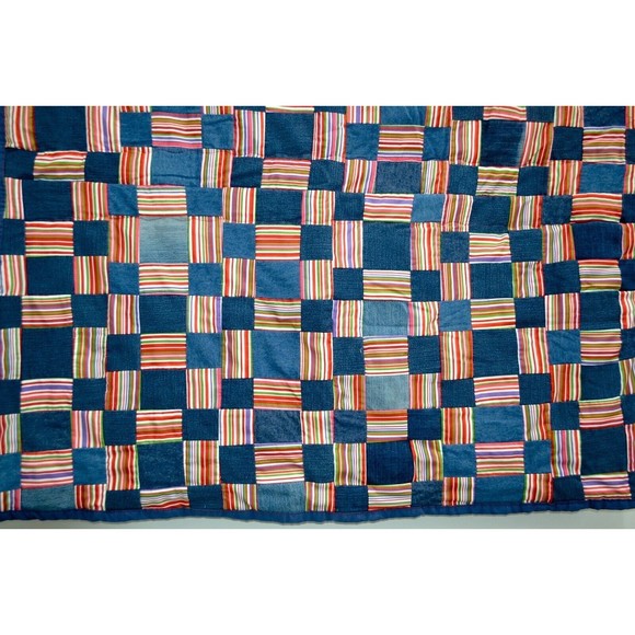 Vintage Handmade Red and Blue With Striped Backing 45X46 Inch Lap or Small Quilt - Picture 2 of 6